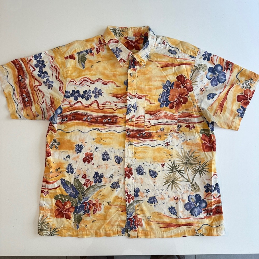 Vtg Angelica Hawaiian Shirt Mens XL Yellow Cotton Tropical Floral Aloha USA
